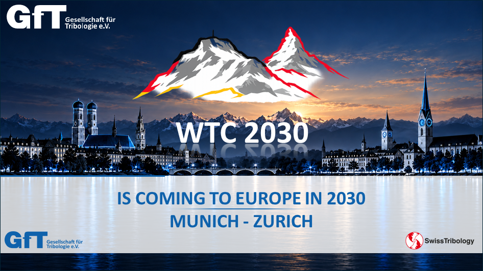 WTC-2030-Motiv mit den Stadtsilhouetten von München und Zürich sowie den Logos von GfT und Swiss Tribology
